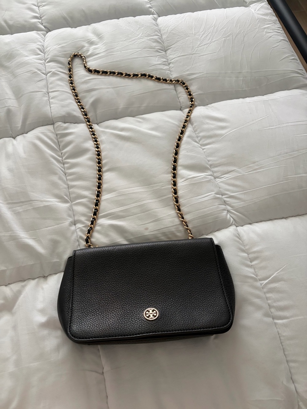 Tory Burch Black Pebbled Leather Chain Crossbody with Gold Hardware